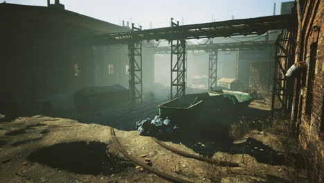 ghostly remnants of an abandoned industrial site in the morning fog
