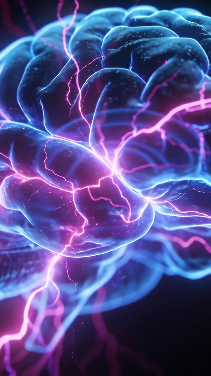 Vertical video: Pulsing magenta arcs causing brain model rotating in dark void, showing neon tracts