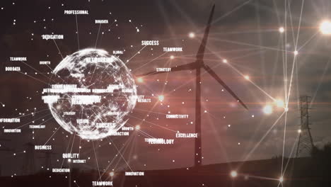 animación de globo de conexiones con palabras que giran sobre turbinas eólicas
