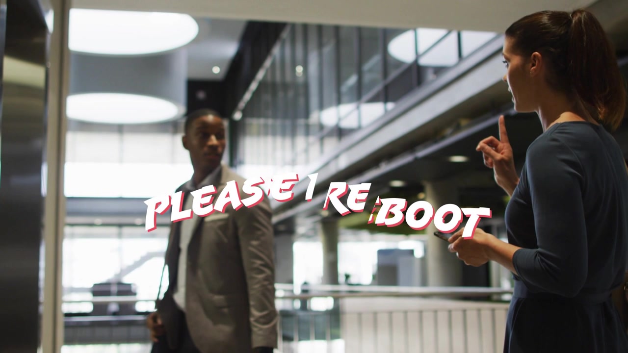 'PLEASE REBOOT' sweeping business atrium, urging male walking to elevator and female checking phone