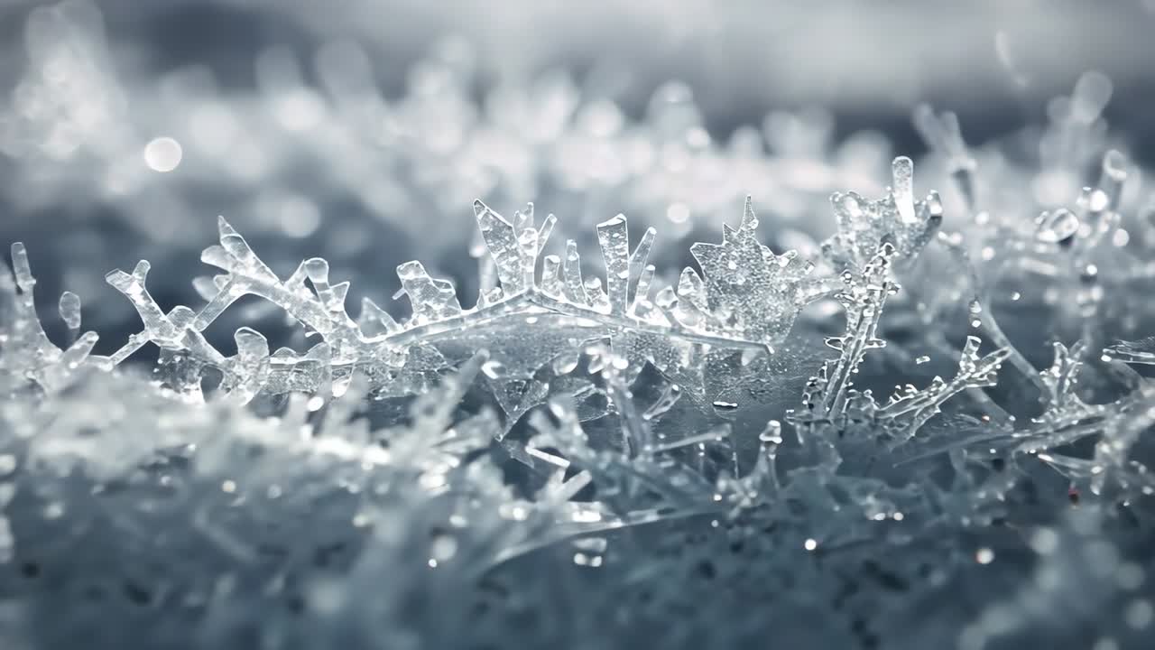 Shifting camera focus revealing frost crystals outdoors at dawn, showcasing delicate ice formations