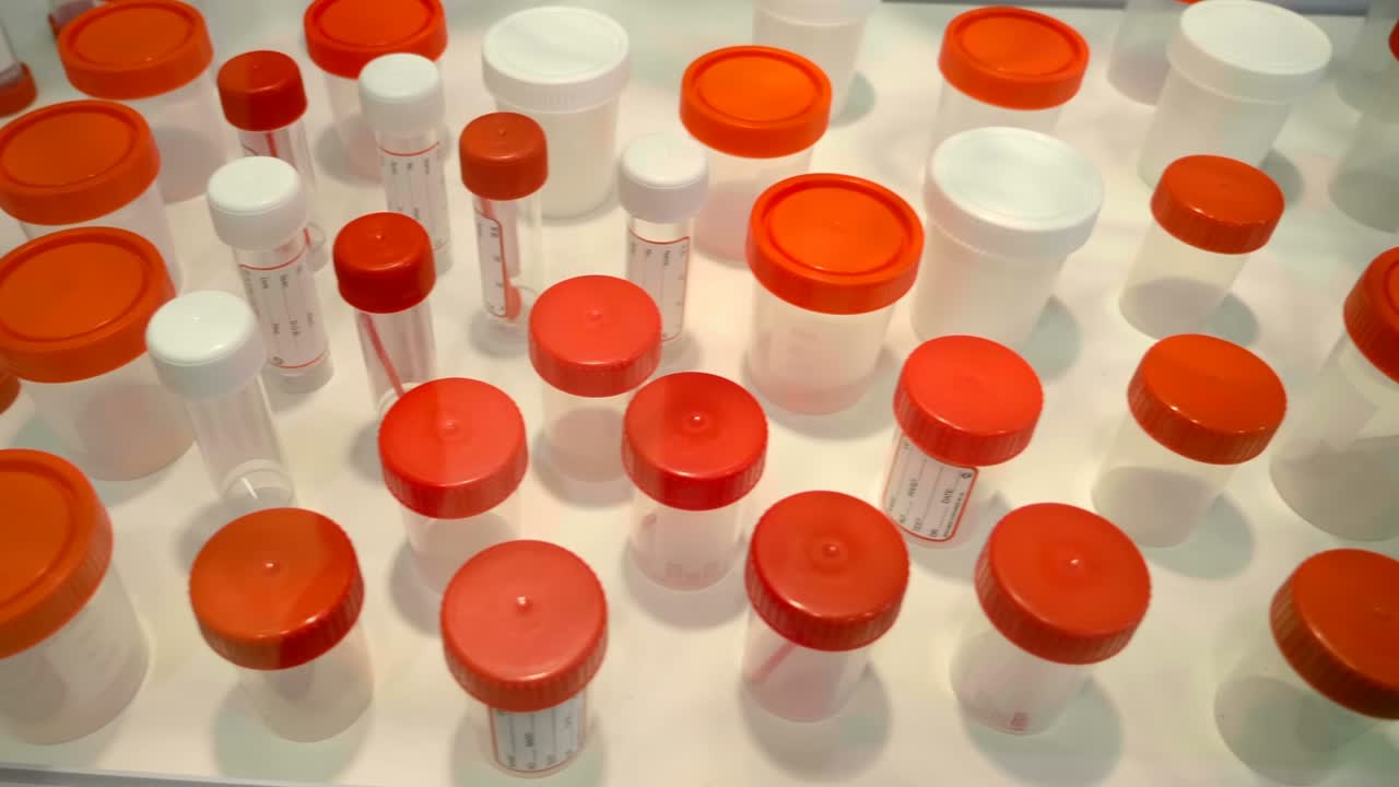 filas de diferentes frascos de plástico nuevos, viales para medicina, cosméticos, productos químicos