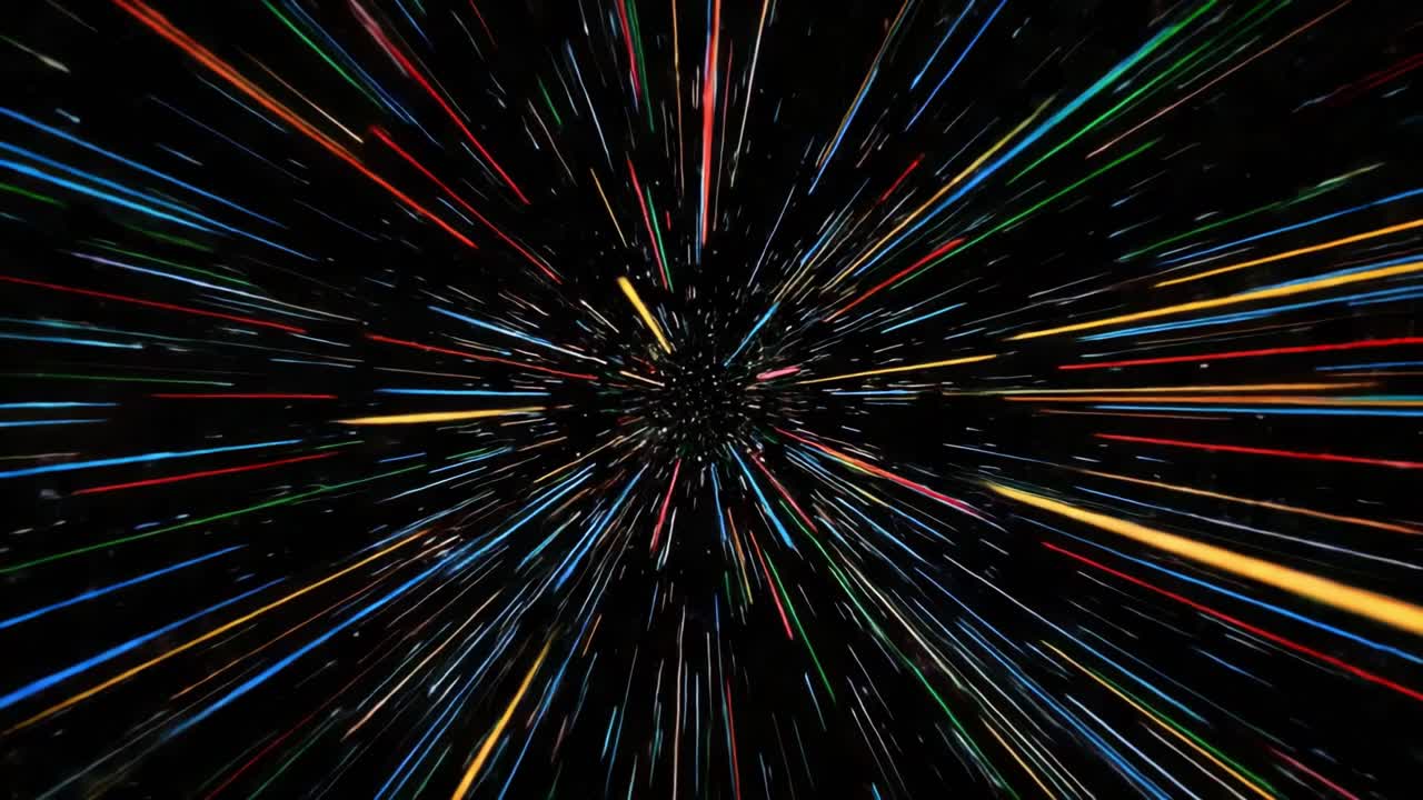 A mesmerizing journey through vibrant colorful streaks of light emanating from a central point, simulating an intense warp-speed effect in a cosmic environment