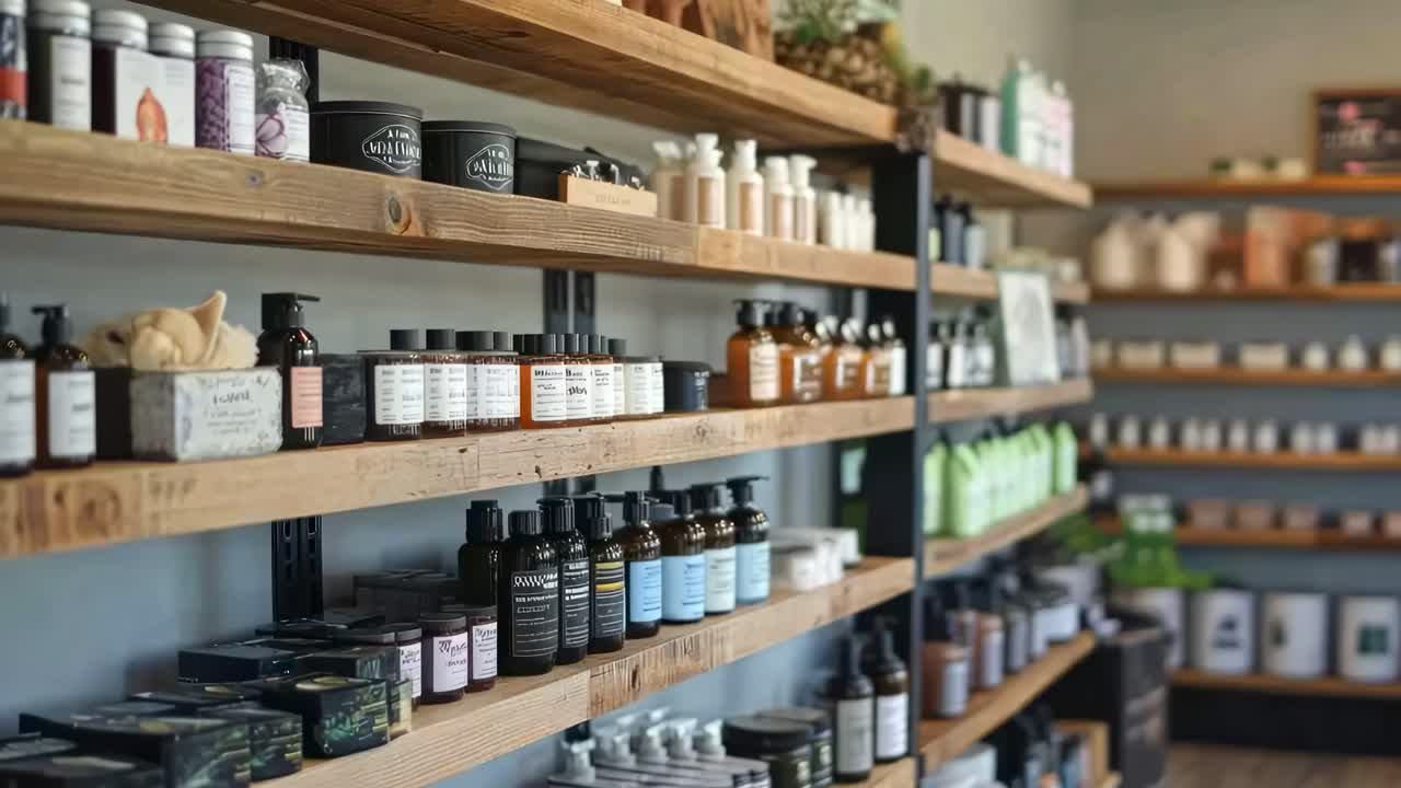Video captures a cozy shop with a side-angle view of wooden shelves filled with neatly arranged