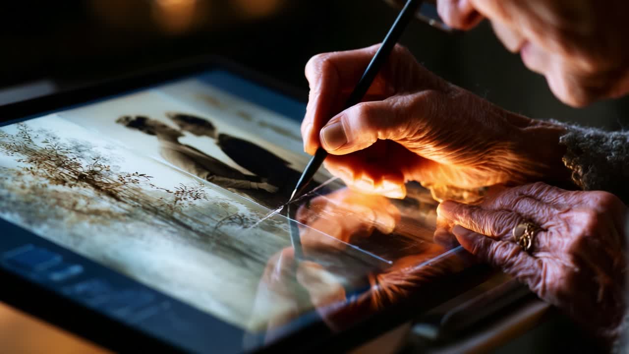 Elderly hands delicately editing a cherished photograph on a tablet, showcasing the blend of technology and nostalgia in preserving memories through digital art