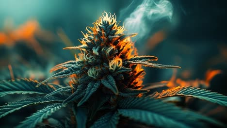 flowering cannabis in soft light. a vibrant cannabis flower glows in soft light with billowing smoke around its leaves, showcasing its lush buds.