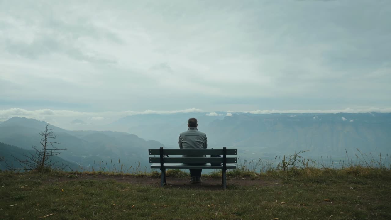 Sitting man wearing jacket, dark pants on bench at grassy overlook as light shifts, viewing valley