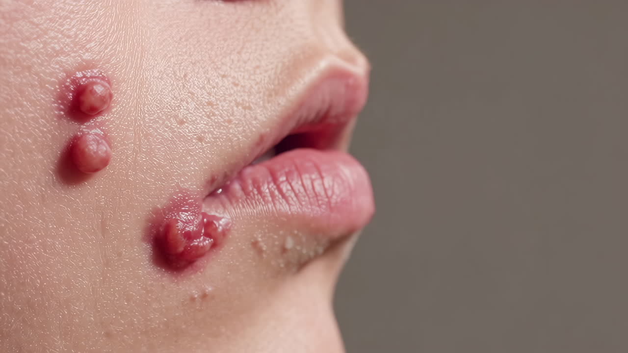 Primo piano del viso di una persona con lesioni cutanee