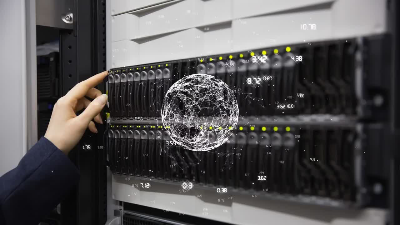 Animation of globe and numbers over caucasian female worker inspecting server room