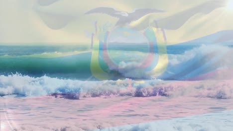 animación de la bandera de ecuador ondeando sobre el paisaje marino de la playa