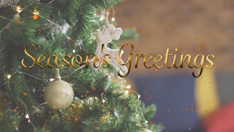Animation-of-season-greetings-christmas-text-over-christmas-tree-in-background