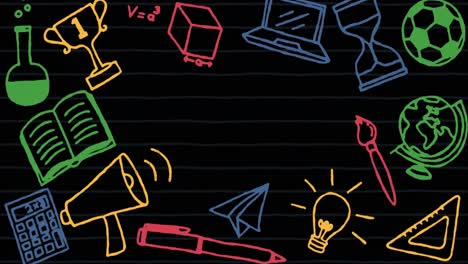 animation of colorful school items icons on black background