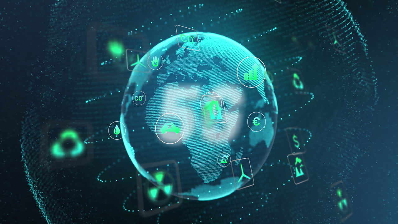 Animation of network of connections with eco icons over globe