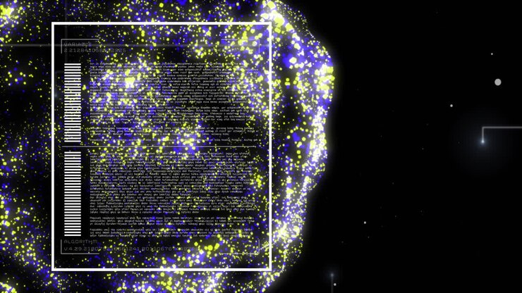 Animation of digital data processing binary coding over floating mesh on black background