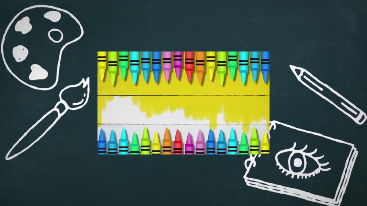 lápices coloridos en papel de línea blanca contra iconos de concepto de arte en fondo azul