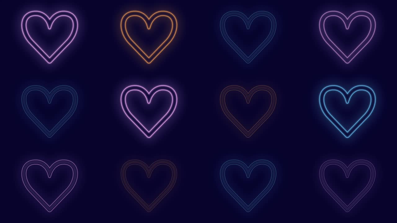 Pulsing neon romantic hearts in rows on black gradient
