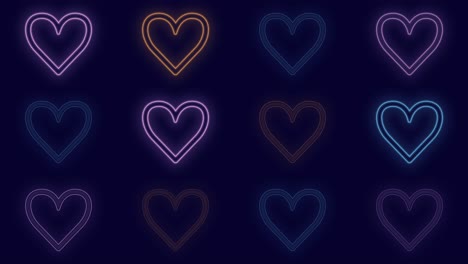 Pulsing-neon-romantic-hearts-in-rows-on-black-gradient