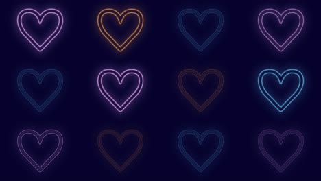 pulsing neon romantic hearts in rows on black gradient