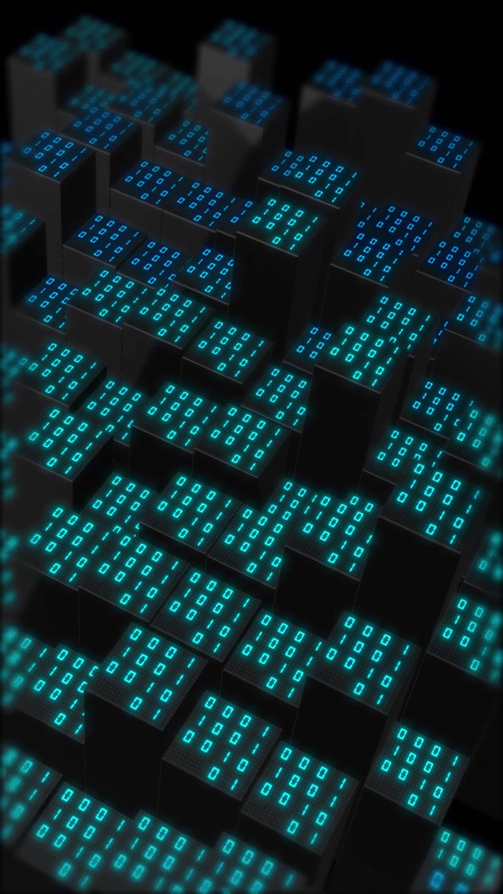 Binary data cube city background black blocks glowing cyan digits and futuristic storage