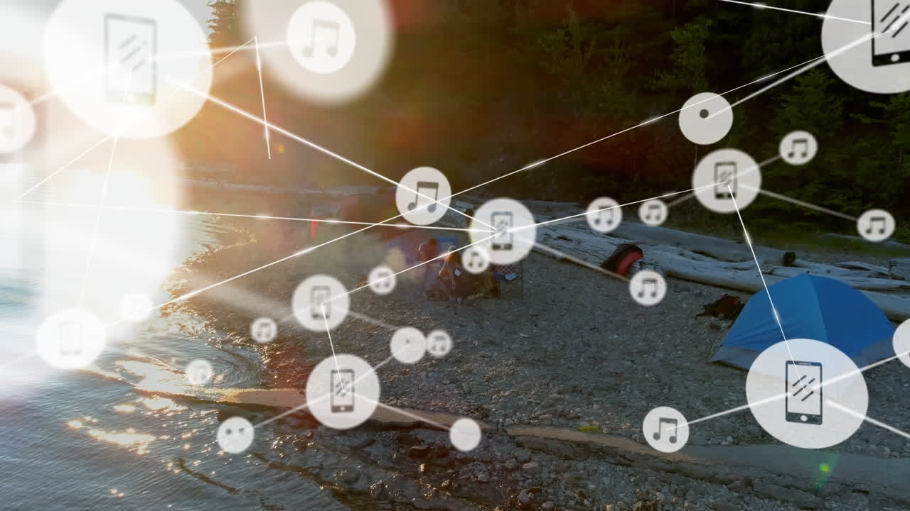 자연에서 캠핑하는 다양한 친구들을 통해 스마트 폰 아이콘으로 연결 네트워크의 애니메이션