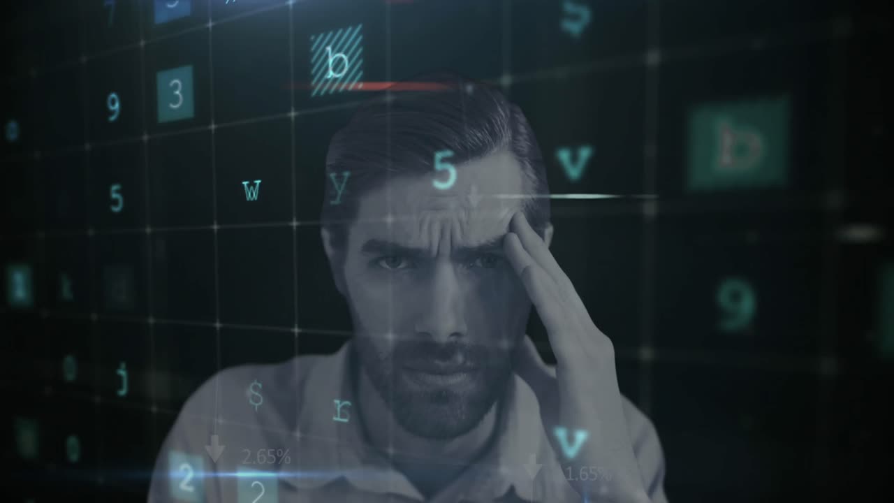 Cyber security data processing against portrait of stressed man