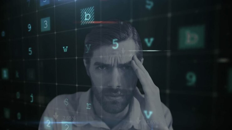 Datenverarbeitung für Cybersicherheit vor dem Porträt eines gestressten Mannes.