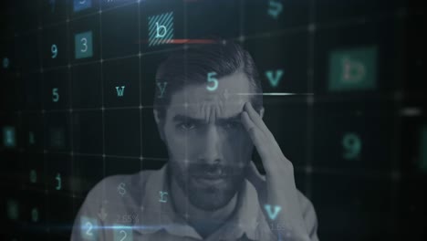 procesamiento de datos de seguridad cibernética contra el retrato de un hombre estresado