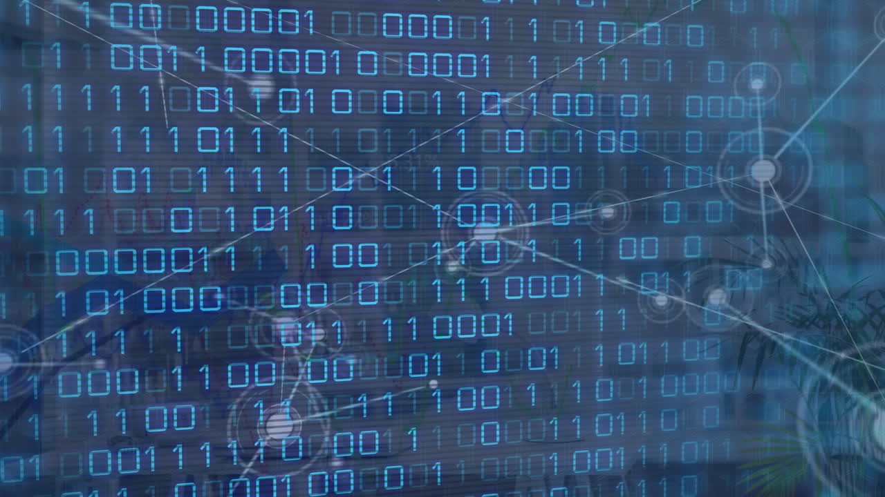 animación de puntos conectados con líneas sobre códigos binarios en bucle contra un fondo abstracto