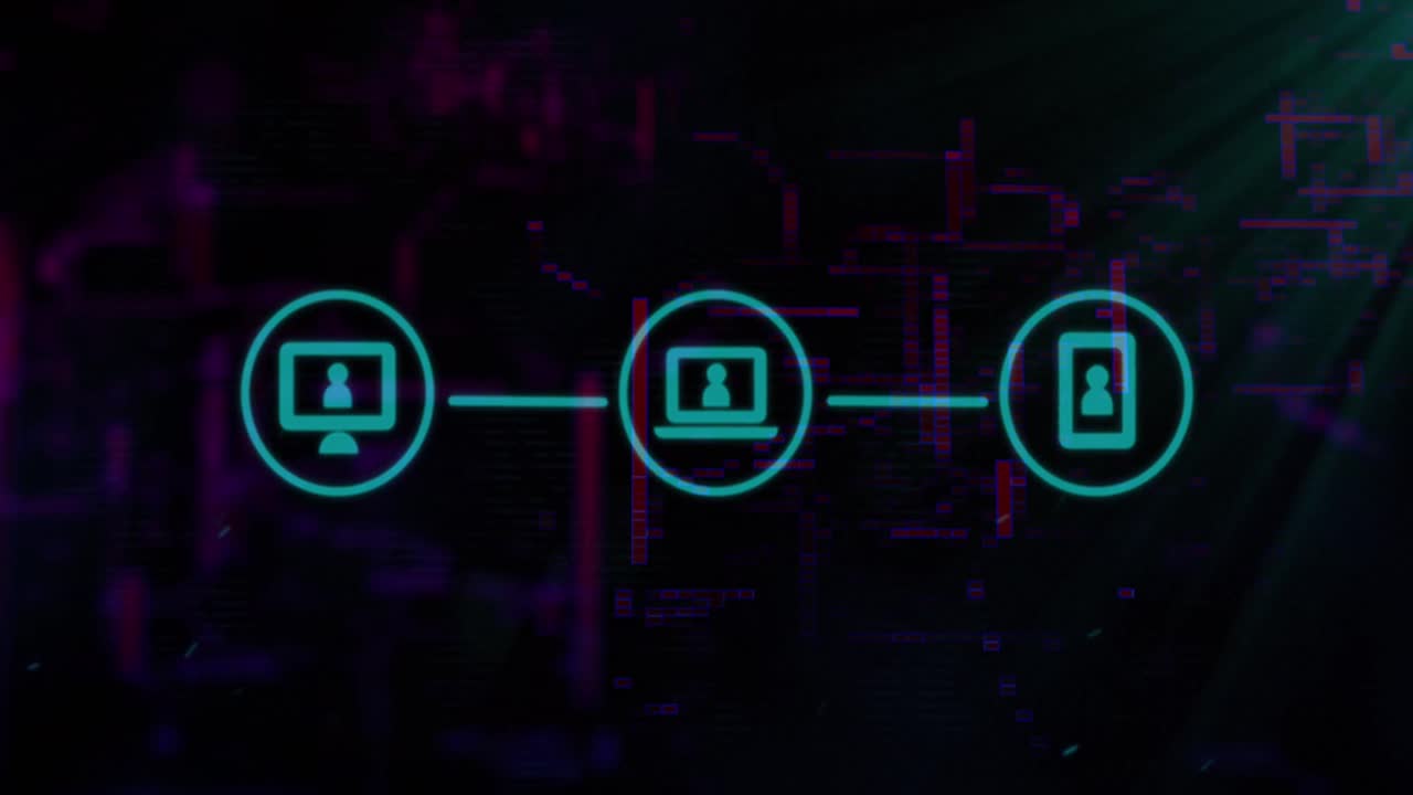 Animation of data processing and media icons over black background