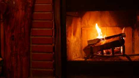 fire in brick fireplace, firewood burning, wood blazing in cozy lodge or cabin.