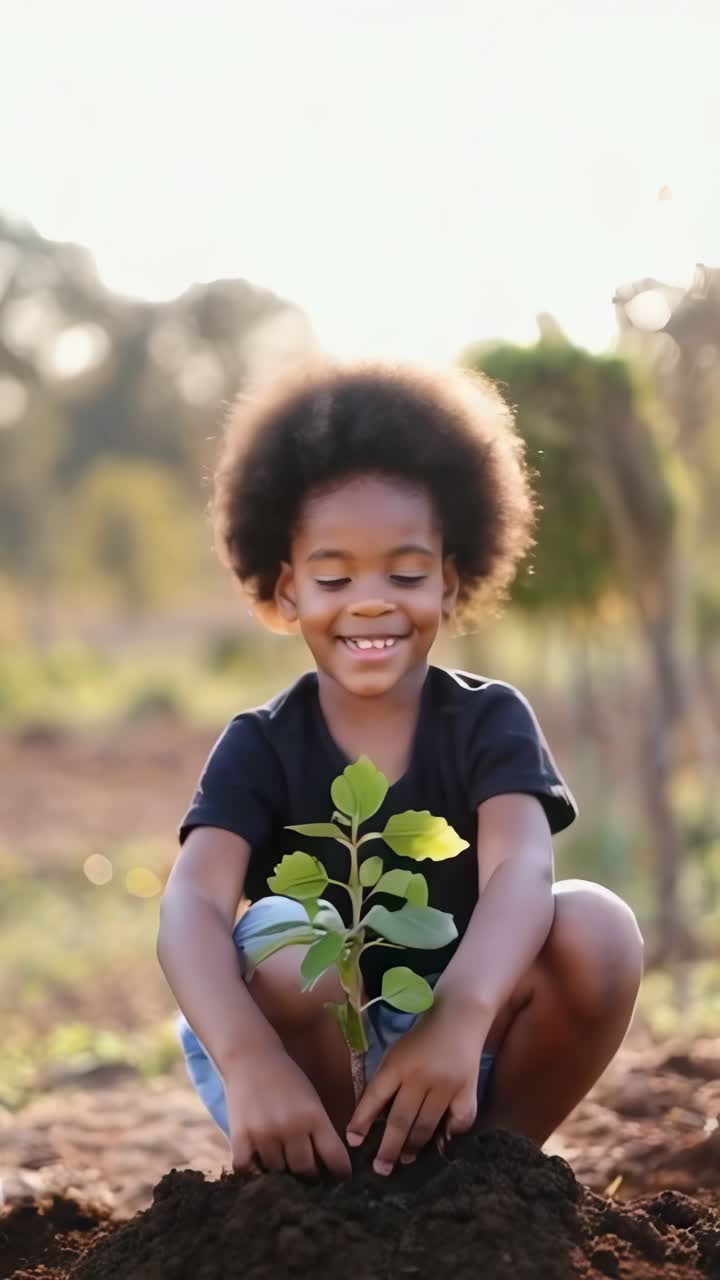 An afro cheerful child carefully plants a young tree sapling, their face glowing with happiness.