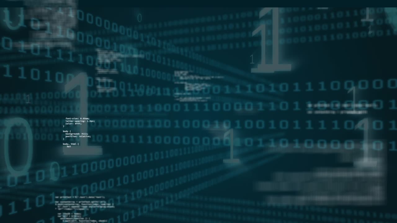 Animation of data processing and binary coding on blue background