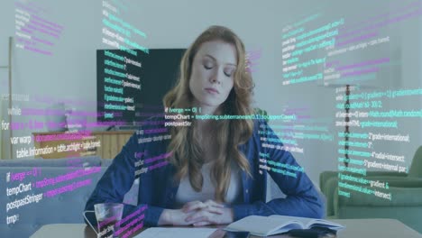 animation of caucasian businesswoman and data processing