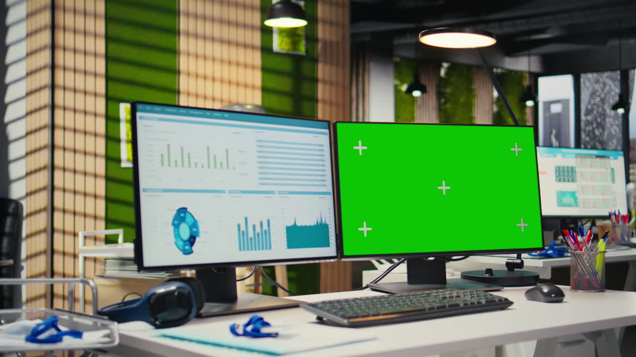 Empty corporate workspace features digital resources and mockup screen