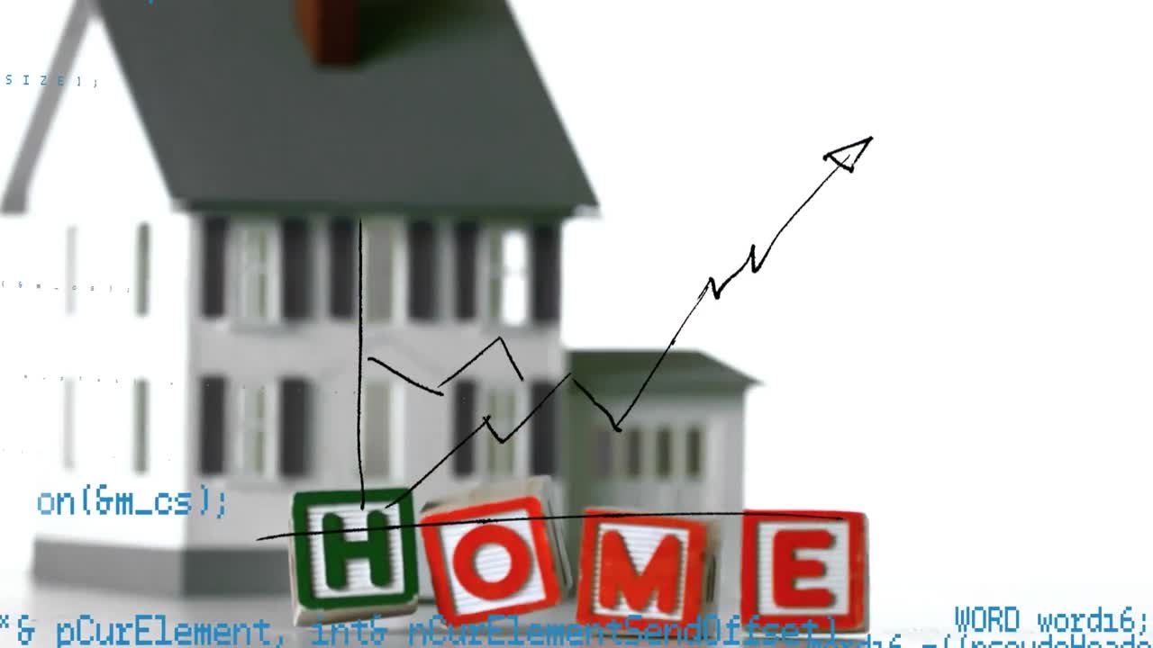 나무로 된 가정 텍스트, 그래프, 디지털 인터페이스의 집 모델로 코딩의 애니메이션