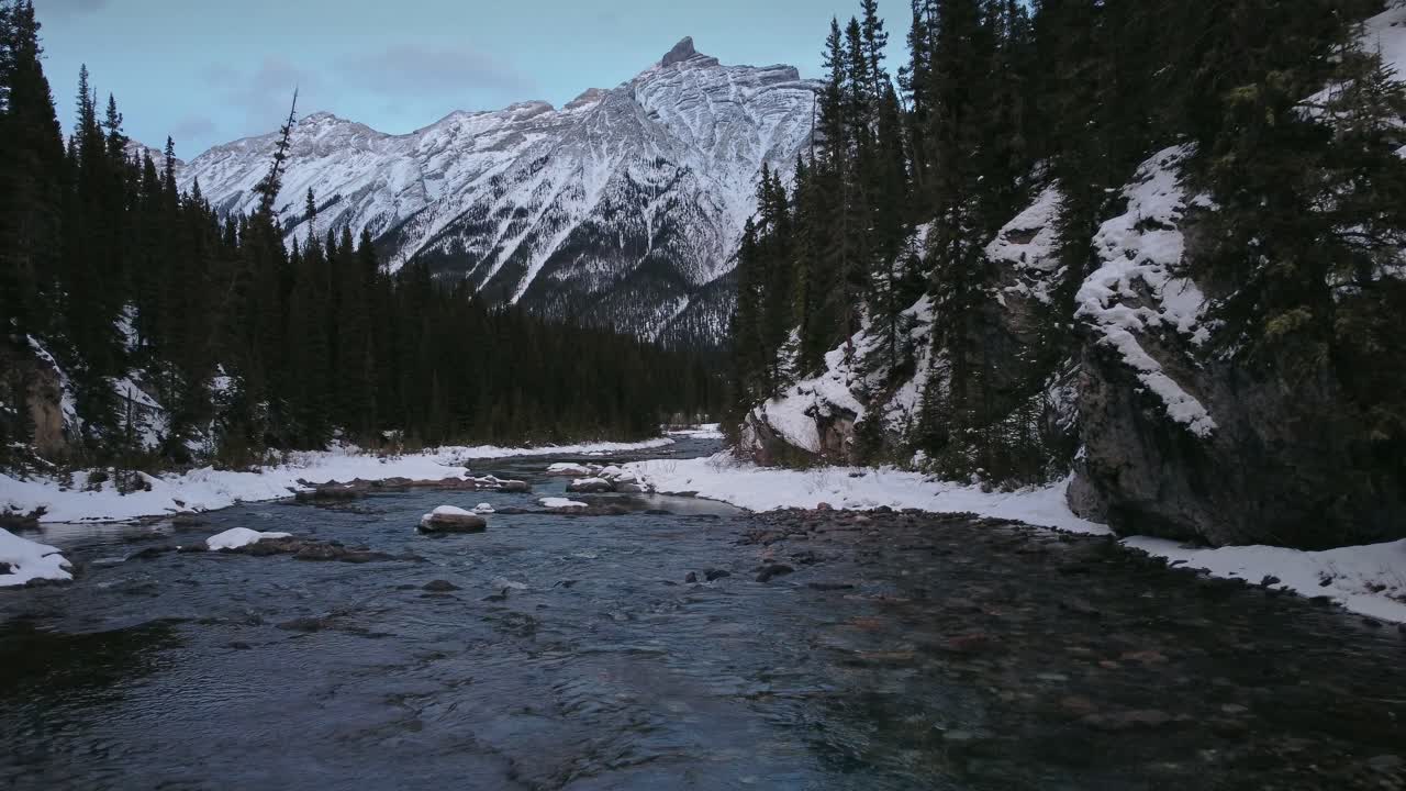 arroyo en el bosque de montaña aguas abajo del invierno