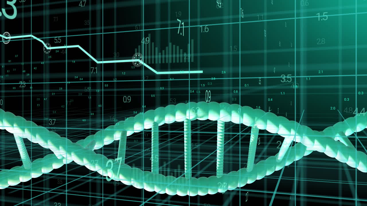 검은색 배경에서 데이터 처리를 통해 회전하는 dna 줄의 애니메이션