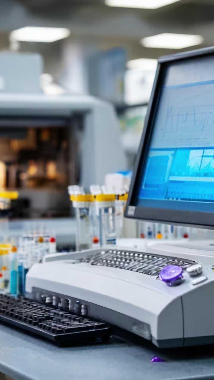 Advanced Laboratory Setup Featuring Computer, Equipment, and Lab Supplies for Scientific Research and Data Analysis in a Modern Medical Environment