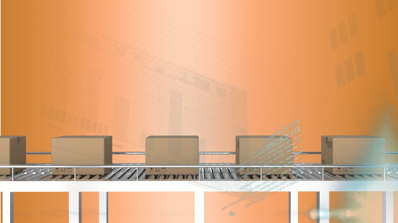 Animation of interface with data processing over boxes on conveyer belt against orange background
