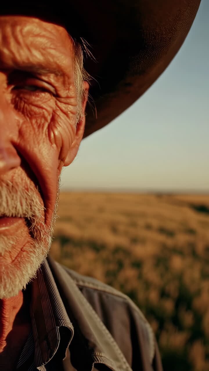 Uomo anziano in un campo al tramonto