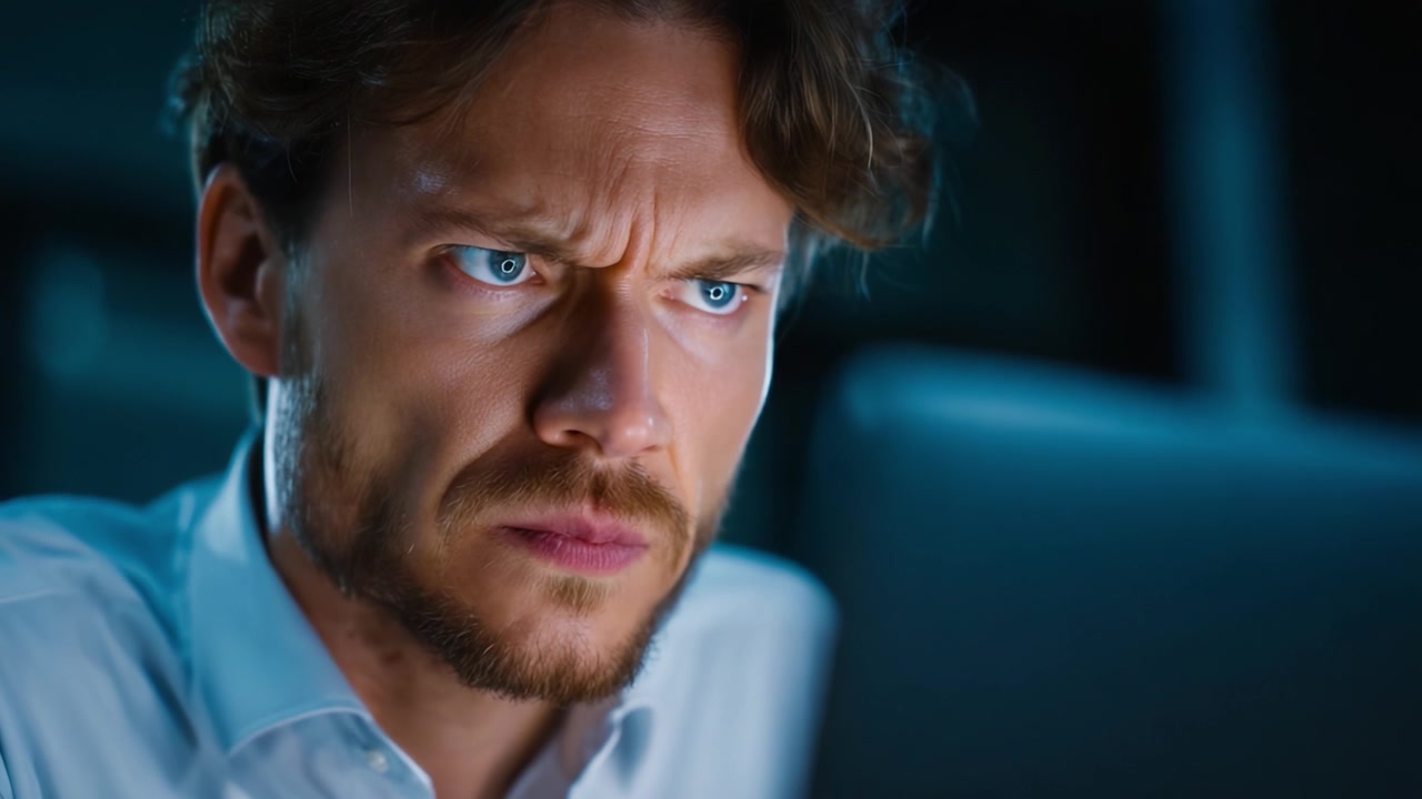 A man with intense blue eyes and a focused expression gazes at his computer screen, displaying deep concentration and determination in a dimly lit environment.
