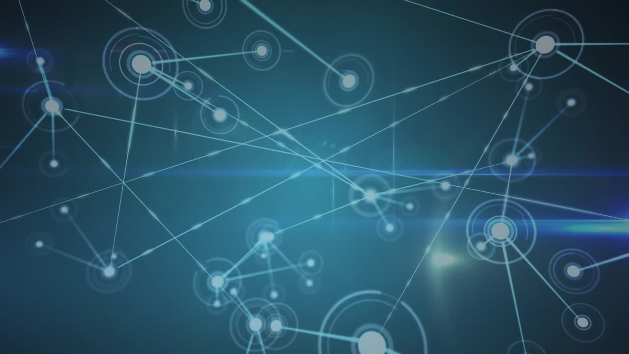 Animation of network of connections and light trails against blue background