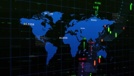 animation of financial data processing and world map over black background