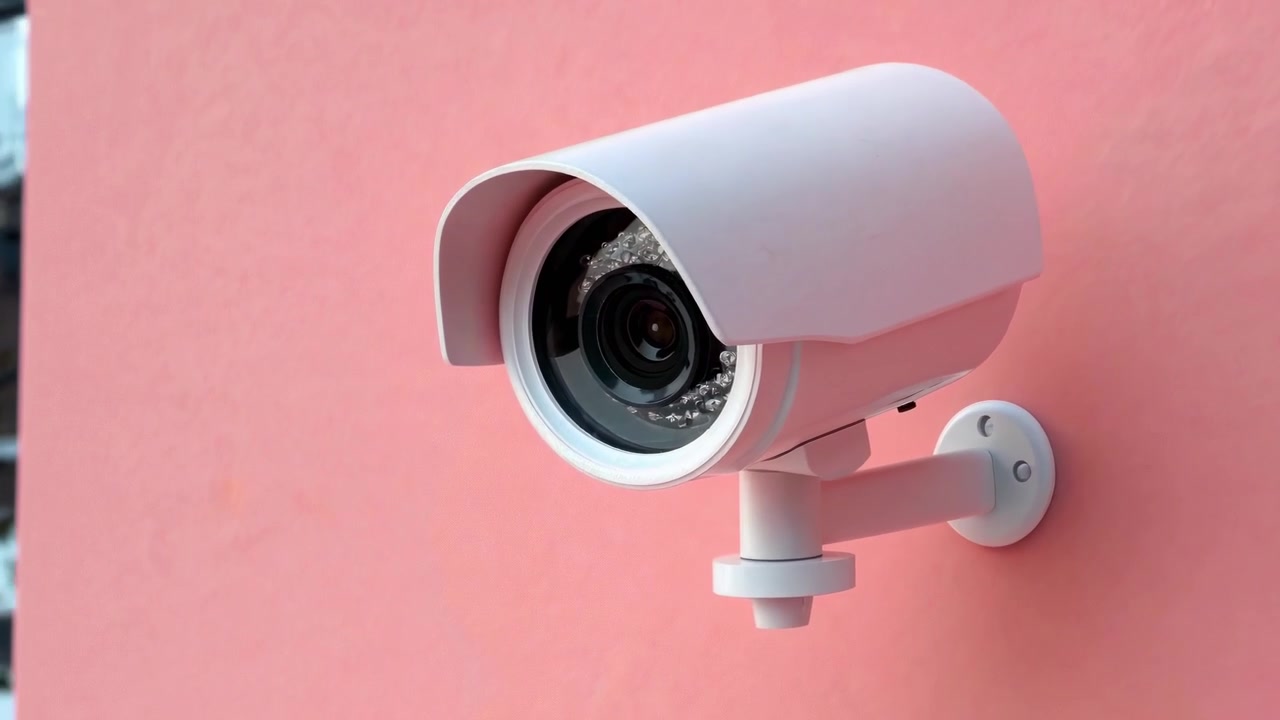 Telecamera di Sicurezza Bianca Montata su una Parete Rosa