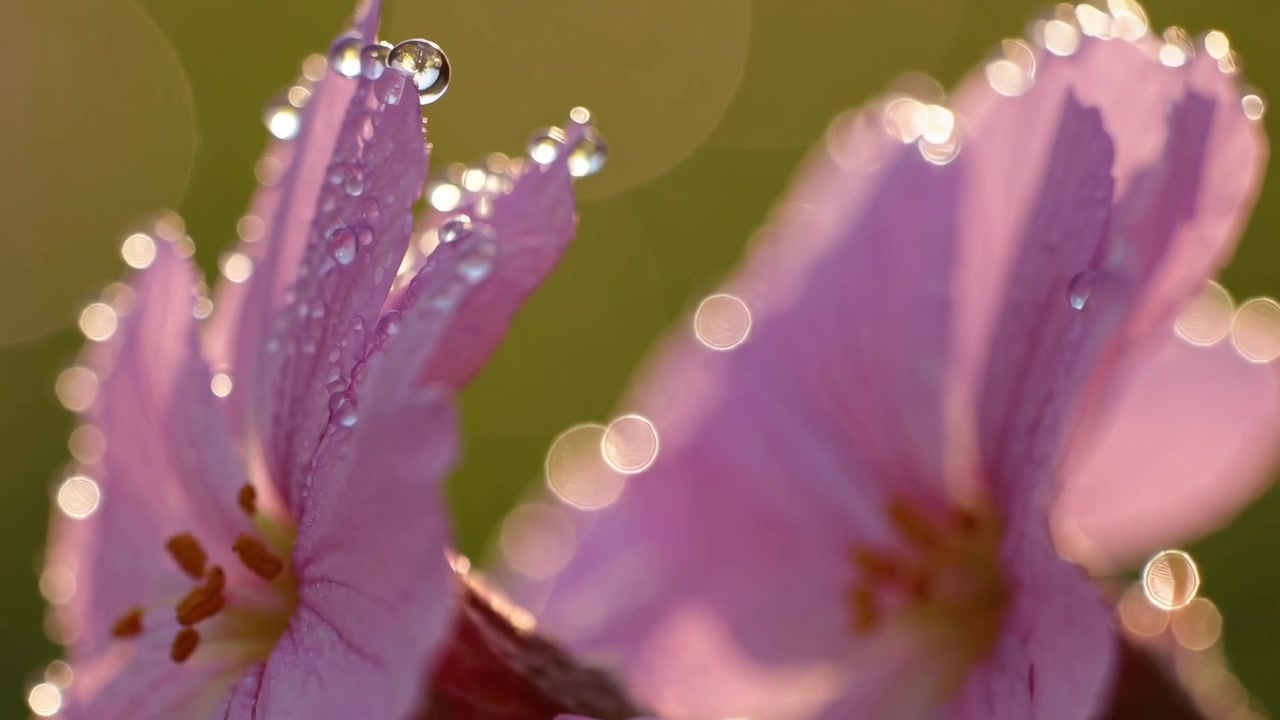 Primo piano di petali di fiori rosa con gocce di rugiada mattutina