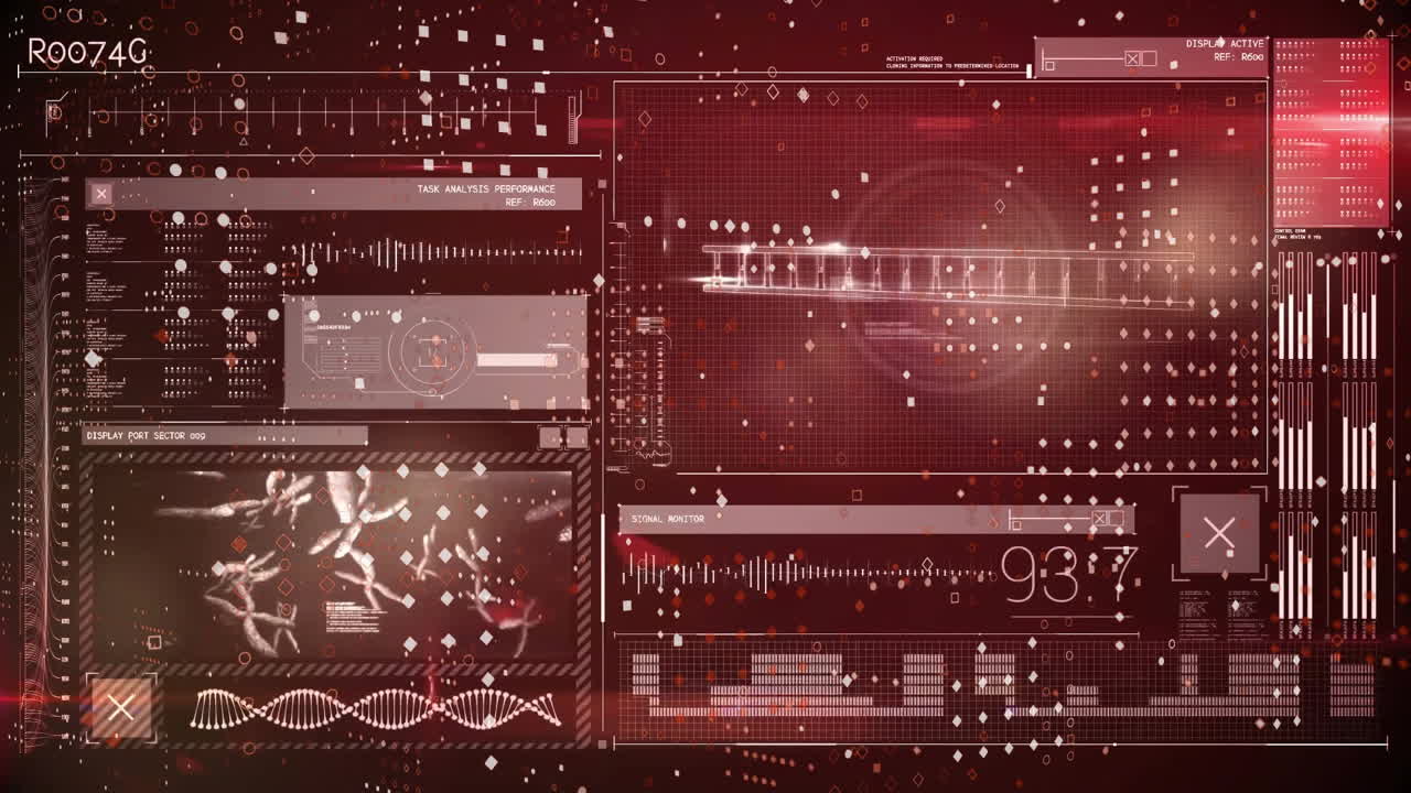 Animation of dna strand and data processing over dark background