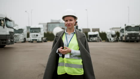 woman doing trucks inspection