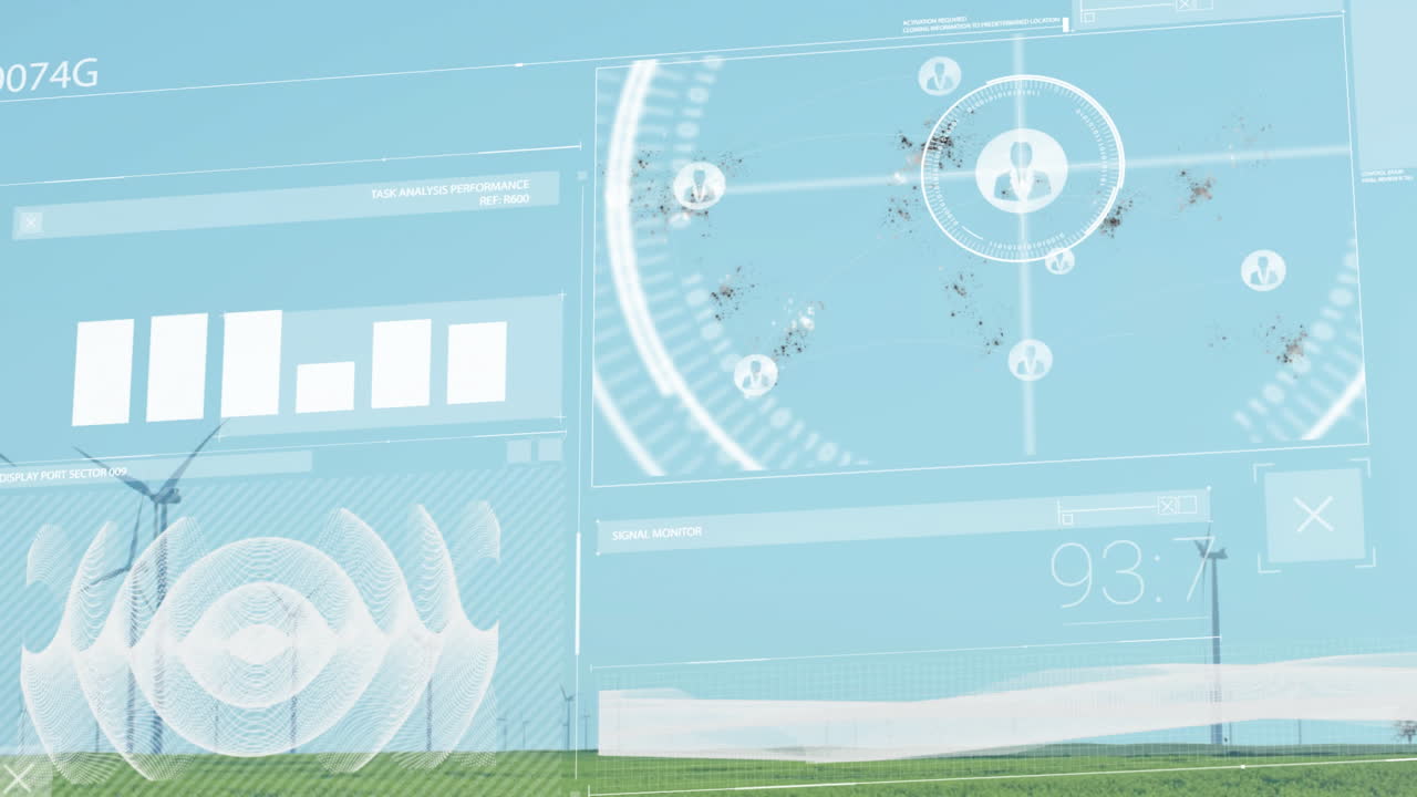 Futuristic HUD overlay showing circular interface with user icons over grassy wind turbines