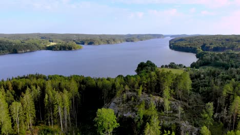 Rising-aerial-view-of-beautiful-and-calm-river-running-in-the-middle-of-dense-green-forest