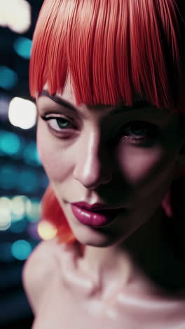 close-up portrait of a woman with orange hair and vibrant bokeh background